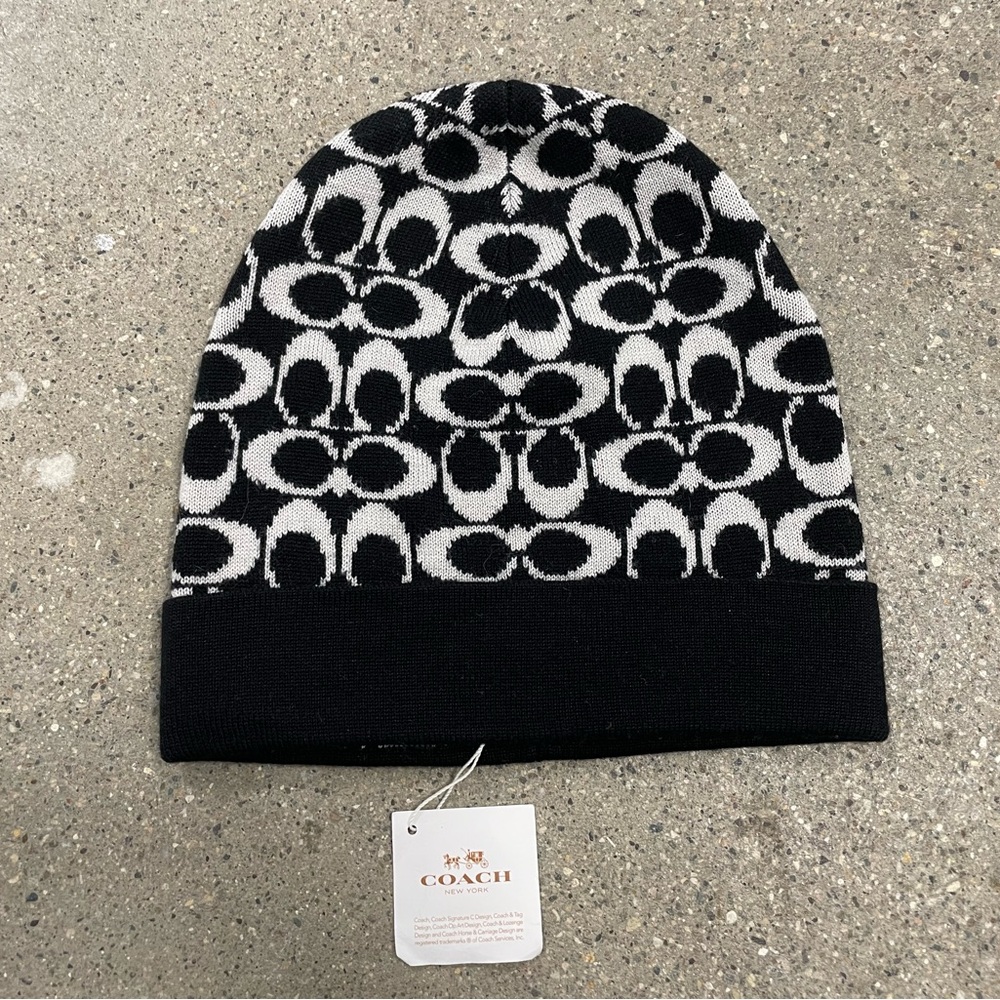 NWT Coach New York Signature Logo Wool Blend Beanie Cap & Gloves - Picture 3 of 10